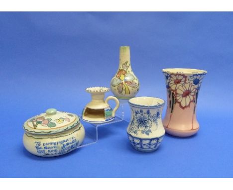 Five pieces of Honiton Pottery, including a 1935 Silver Jubilee commemorative powder bowl and cover, the base signed B. J. Co