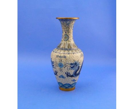 A late 19thC blue cloisonné Imperial Dragon Vase, decorated with stylized dragons chasing the 'pearl of wisdom', 13in (33cm) 