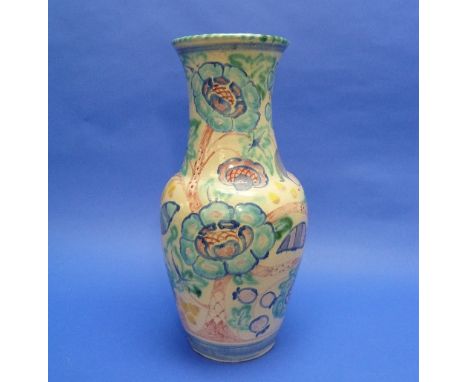 A Honiton Pottery vase, of large baluster form, painted in colours, Jacobean flowers with lattice pattern, marked 'Honiton, E