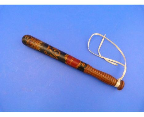 A Victorian painted wooden Truncheon, the graduated upper section painted with the Royal Crown above a VR cipher, and 'Consta