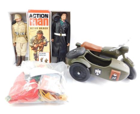An Action Man Wehmacht officer, further Action Man officer wearing desert combat uniform, together with a motorbike and side 