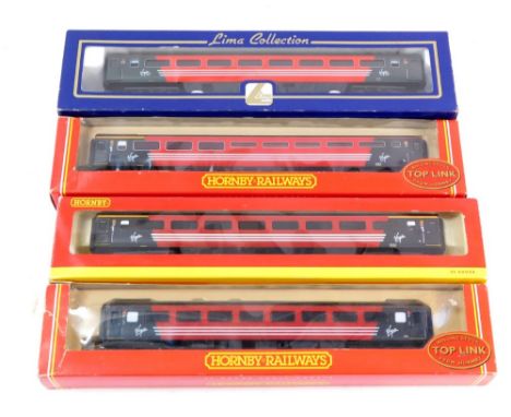Hornby and Lima OO gauge Virgin MK2/3 coaches, including R4098A, Virgin MK3 buffer coach, R4086A Virgin MK2 coach, etc. (4) 