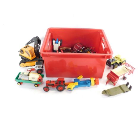 A group of die cast and playworn cars, tractors, and army vehicles. (1 box) 