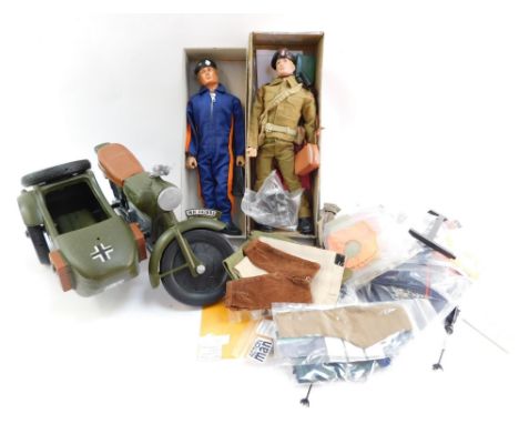 An Action Man Royal Engineers figure, with accessories, a tank for a figure in overall, Third Reich motorcar and side car, fu