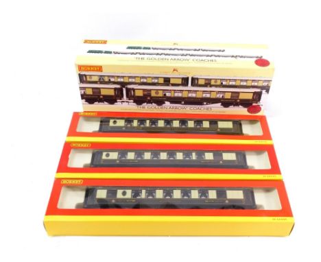Hornby OO gauge The Golden Arrow coach pack, comprising Adrian, Onyx and Zenobia, R4196. 