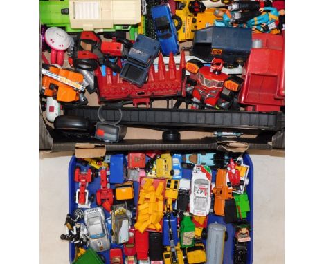 A group of die cast vehicles, agricultural machinery, Farmlife tractor, motor bikes, racing cars, etc, play worn. (1 box 1 tr
