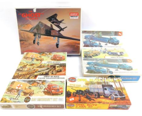 Boxed Airfix models, two RAF Recovery Set 00 scale, RAF re-fuelling set, tank transporters, two RAF Emergency Set, an Opel Bl