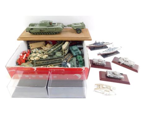 Various diecast models of tanks, armored vehicles, warships and submarines, to include HMS Hood, Bismarck, three tank models,