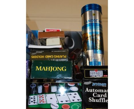Various toys and games, Mahjong set, playing card holders, dominoes, automatic card shuffler, two pistols, jigsaw, tubes, etc