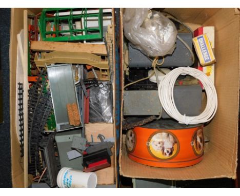 A group of model railway accessories, outbuildings, rods, transformers, etc. (2 boxes) 