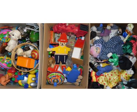 Various toys and games, railway clock, pull along train, tambourine, puzzle balls, clowns, etc. (3 boxes) 