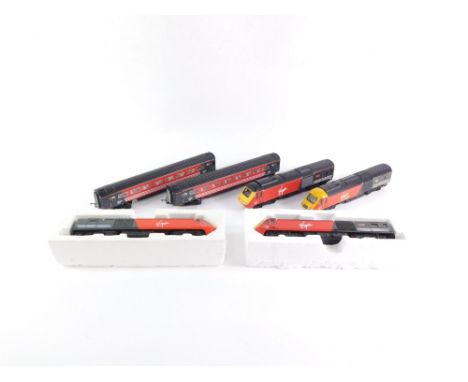 Hornby and Lima OO gauge class 43 HST, including power cars, dummy cars, and two coaches, in Virgin livery. (1 tray) 