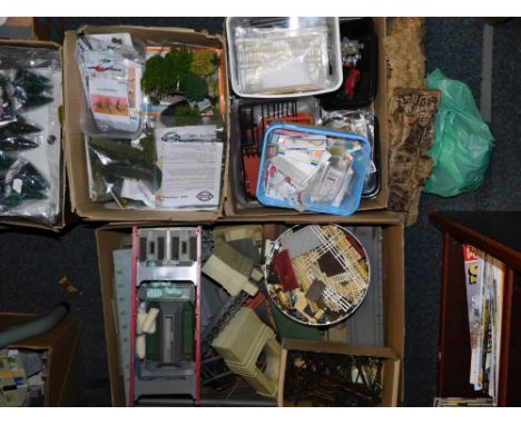 A group of model railway buildings and accessories, trees, outbuildings, gateways, log bridges, plastic outbuildings, etc. (3