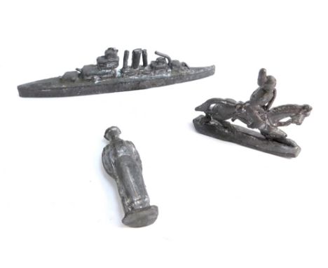 Lead army figures, submarine, naval officer and figure on a horseback.  (3)