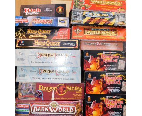 Dragon Quest, Dragon World and War Hammer board games, comprising Risk God Storm, The Key To the Kingdom, Hero Quest, Advance