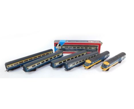 A Lima OO gauge Class 43 HST, including power car, dummy car, four passenger coaches and one boxed Lima coach. (1 tray)