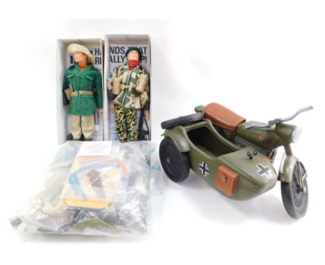 An Action Man Australian Outback figure, together with a Parachute Regiment figure, German Third Reich motorbike and side car