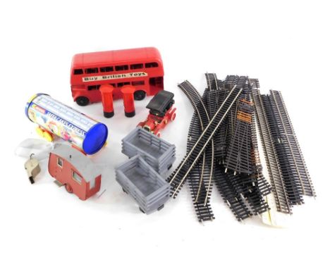 Various toys and games, red bus, OO gauge track, model cars, etc. (1 box)