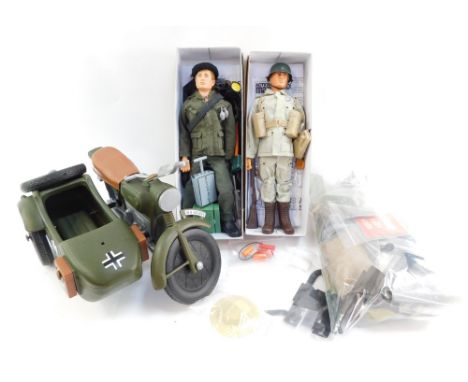 An Action Man Commando figure, together with an American Airborne figure, Third Reich motor car, side car, clothing accessori