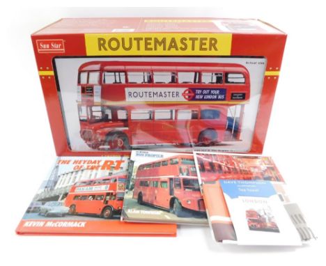 A Sun Star Route Master die cast model bus, scale 1:24, boxed, together with a London tea towel, Ian Allan Bus Profile Routem