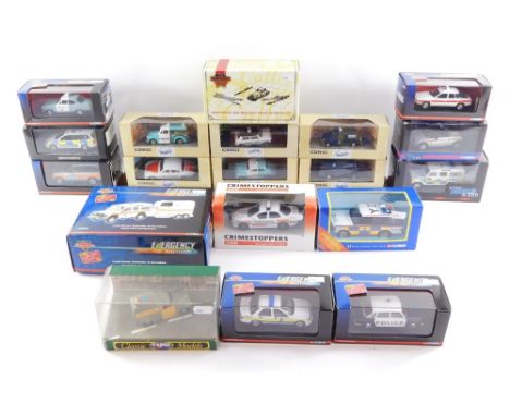 A group of police cars, to include The Corgi Police Car Vehicle set, on stand., Corgi 999 Series., Crimestoppers die cast car