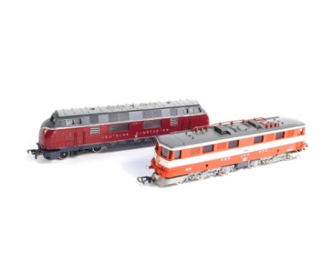 Fleischmann and Lima HO gauge locomotives, including Deutsche Bundesbahn V2000055 diesel locomotive and a Swiss Federal Railw