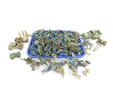 A group of plastic army figures, and some vehicles. (1 tray)