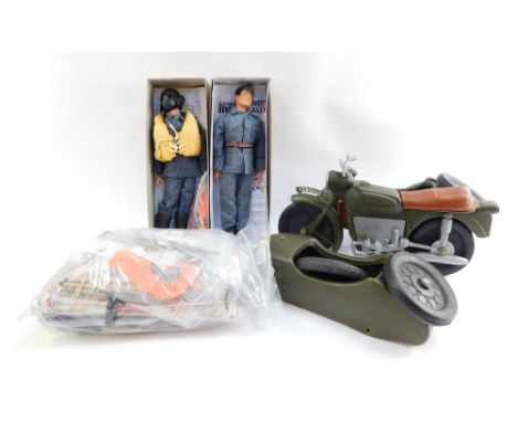 An Action Man figure in RAF uniform, with mask and life jacket, RAF groundsman figure, Third Reich motorbike and side car, cl