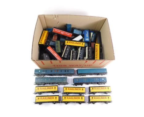 Hornby, Lima, and other OO gauge rolling stock, including Railliner curtain sided vans, Express parcel coach, Kellogs vent va