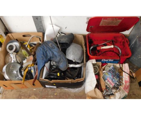 A group of automobilia parts, headlamps, tools, boots, gauges, etc. (a quantity)