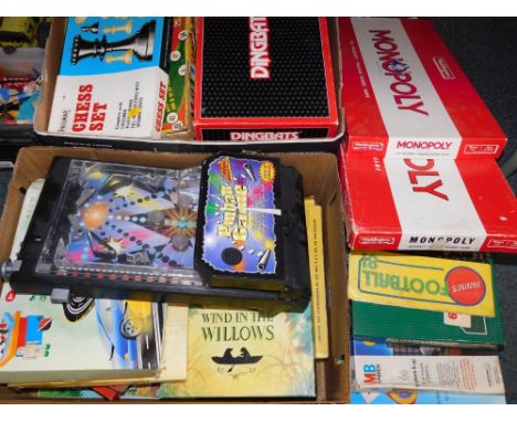 Various toys and games, Dingbats, Chess set, pinball game, Wind in The Willows book, Monopoly, Rummikub, etc. (3 boxes) 