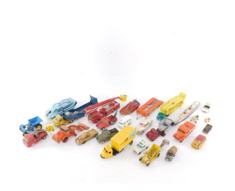 Various playworn die cast cars, to include Corgi Major Toys, snorkel, fire engine, a Dinky Toys Spectrum Pursuit Vehicle, tra