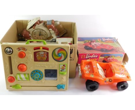 Toys and games, a Barbie buggy,  a Fisher Price Activity centre, Teddy Bear wall clock, Hobby's Design dice, Fisher Price Toy