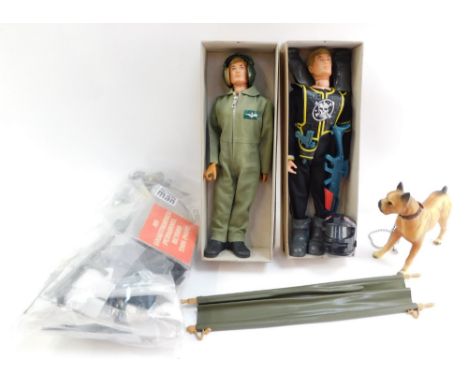 An Action Man pilot figure, Super Hero figure, dog, clothing, accessories and guns, etc.  (a quantity)