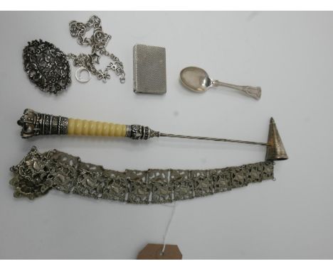 A silver spoon, together with two 925 silver bracelets, a white metal brooch, a silver plated nurse's belt, a candle snuffer 