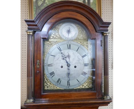 A George III Florimond Goddard of London longcase clock in later mahogany case bearing furniture shop labels, the arched silv
