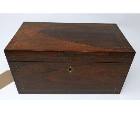 A Regency rosewood tea caddy, with brass inlay and associated caddy spoon, H.16 W.31 D.17cm 