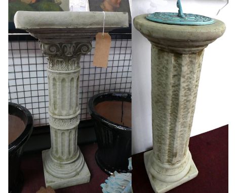 A reconstituted stone bird bath, on Corinthian column base, H.94cm, together with a reconstituted stone sundial on a Doric co