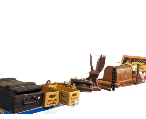 Carved eagle sculpture, singer sewing machine, nautical block and tackle, advert crates, vintage ammunition style box, etc.