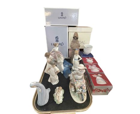 Large Lladro Monk and four other figures, three Nao figures, Nadal girl with barrow group, three Lladro Christmas bells and t