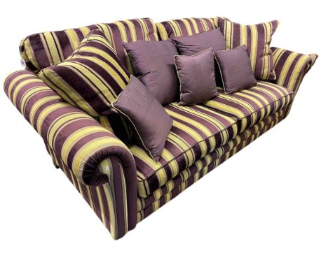 Alstons Grafton three seater sofa in aubergine and yellow stripe fabric.