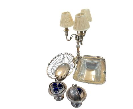 French EPNS candelabra, pair of Sheffield plated globe inkstands, two Sheffield plated baskets, etc.