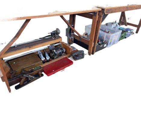 Vintage lathe, planes, belt sander, router, other hand tools, etc.