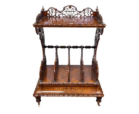 Victorian burr walnut and satinwood inlaid Canterbury whatnot, the upper shelf above five fretwork dividers with a drawer bel
