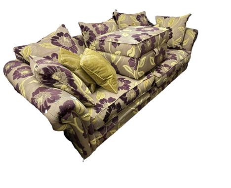Alstons Fitzroy three seater sofa and box stool in aubergine floral pattern fabric.