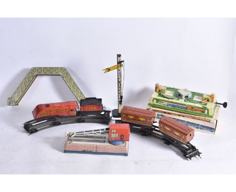 Brimtoy 0 Gauge Pullman Train Set Russian Clockwork Train and Crane, Late 1940's Wells Brimtoy Train Set comprising 'The Nati