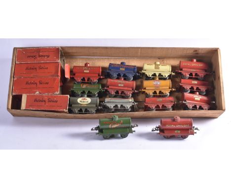 Hornby 0 gauge Tank Wagons, most with auto-couplers, comprising light grey 'Pool' (dented), Gargoyle Mobiloil, Castrol (2), R