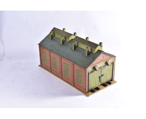 A Hornby 0 gauge No 2C Engine Shed, in lithographed brick finish, F-G, complete with all roof vents and door catches, side wi