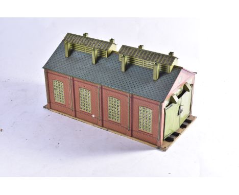 A Hornby 0 gauge No 2C Engine Shed, in good lithographed finish, with a small price label to one side (19/6d!), G, complete w