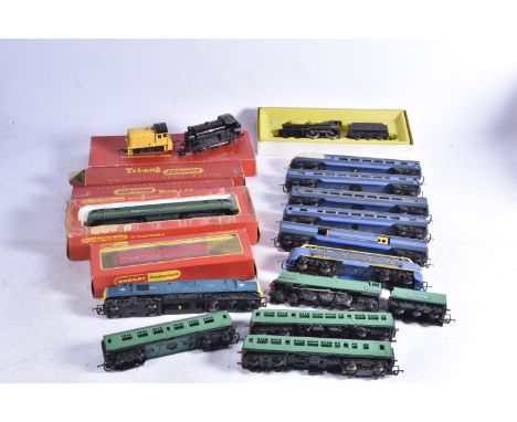 Mostly repainted/modified Tri-ang-Hornby 00 gauge Trains, locomotives including 0-6-0 saddle tank, SR 'Battle of Britain' 4-6